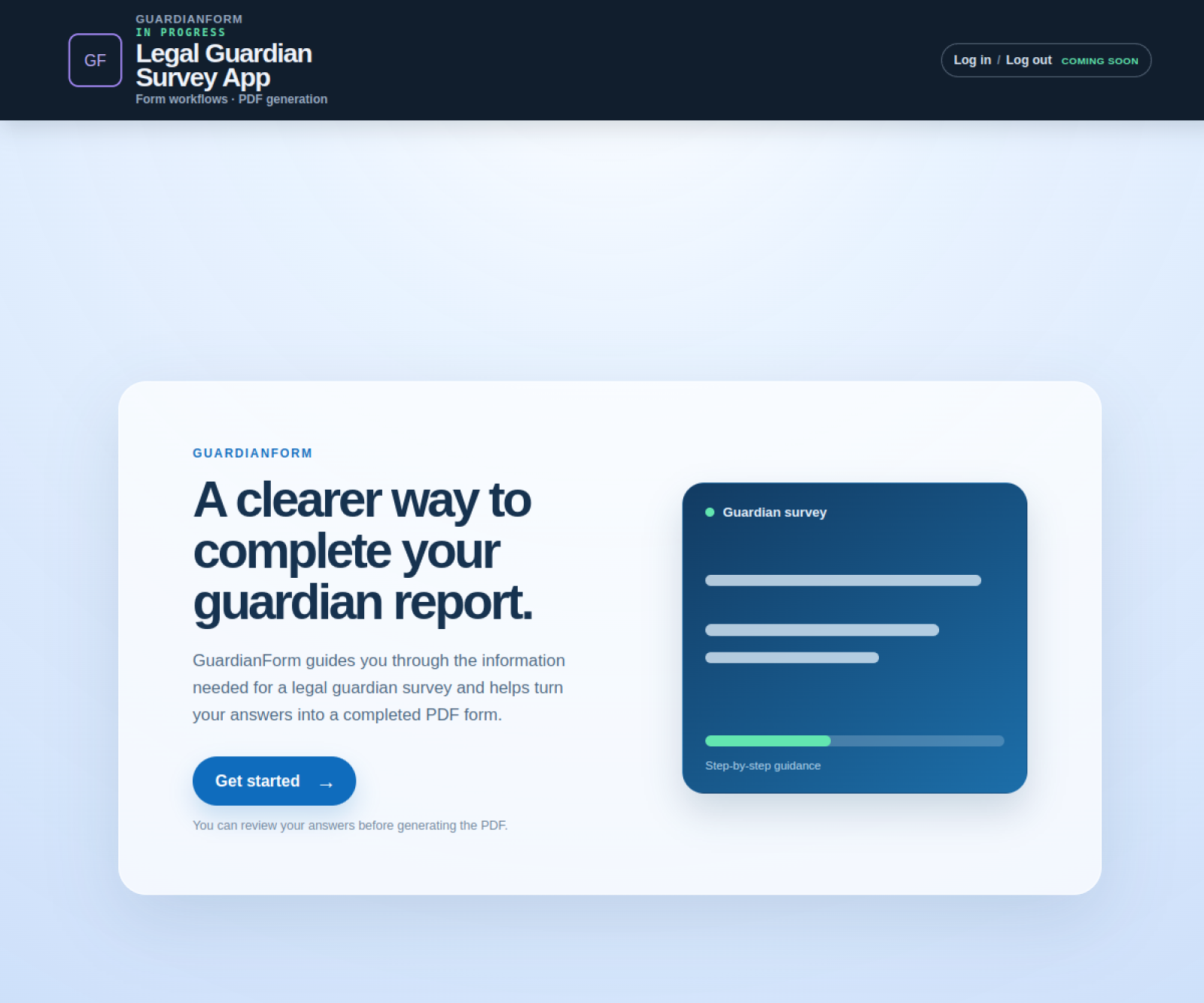 Legal Guardian Survey App homepage